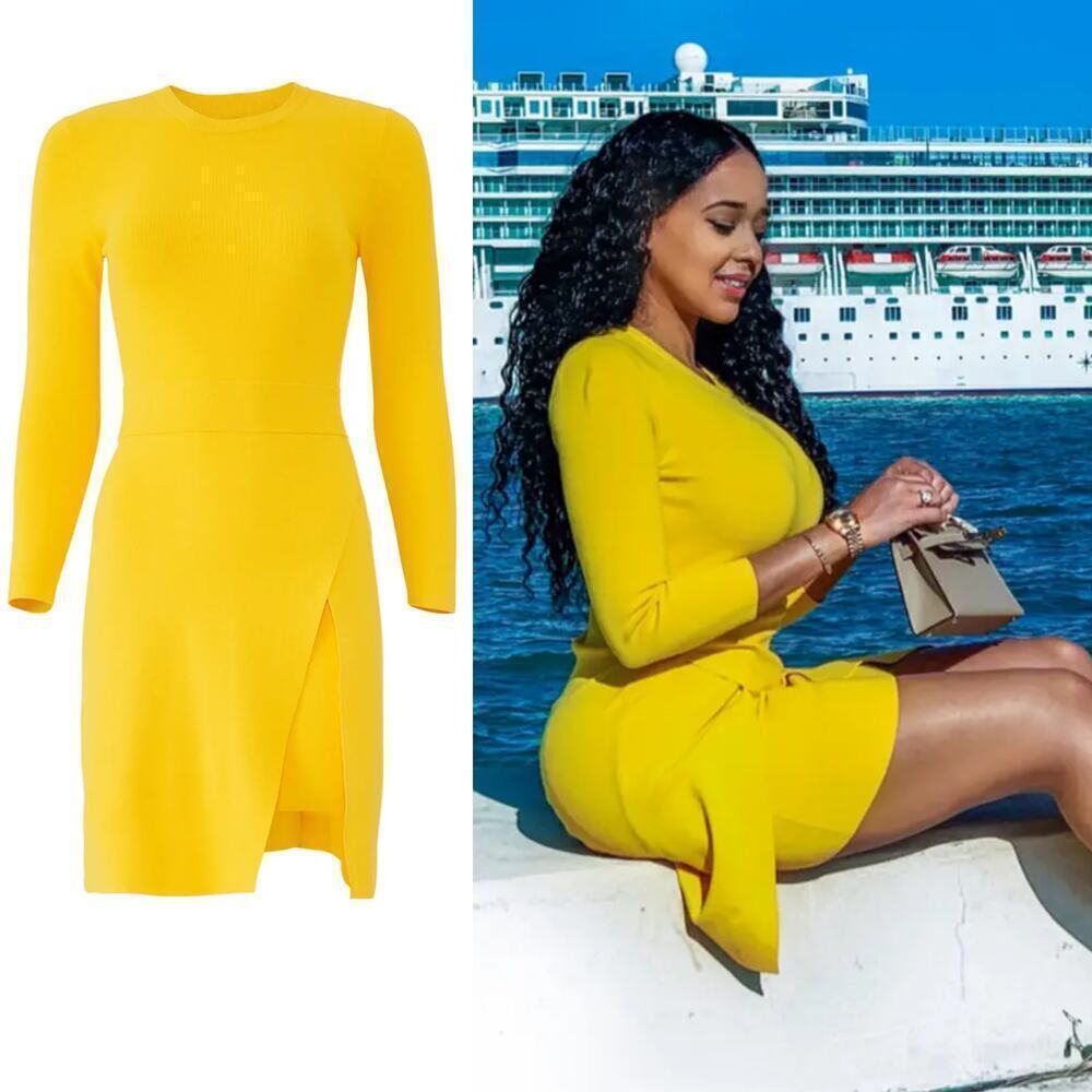 A.L.C. Hadley Dress Knit Long Sleeve Crewneck Mini Sheath Lemon Yellow Large - Picture 3 of 10